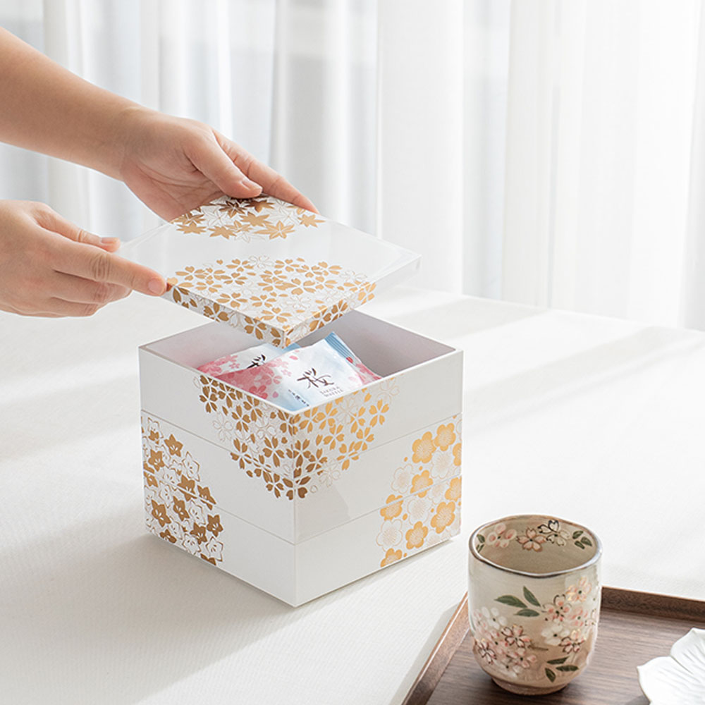 灰釉春秋重箱 花丸春秋三層日式漆器點心盒/重箱白- 東京食器
