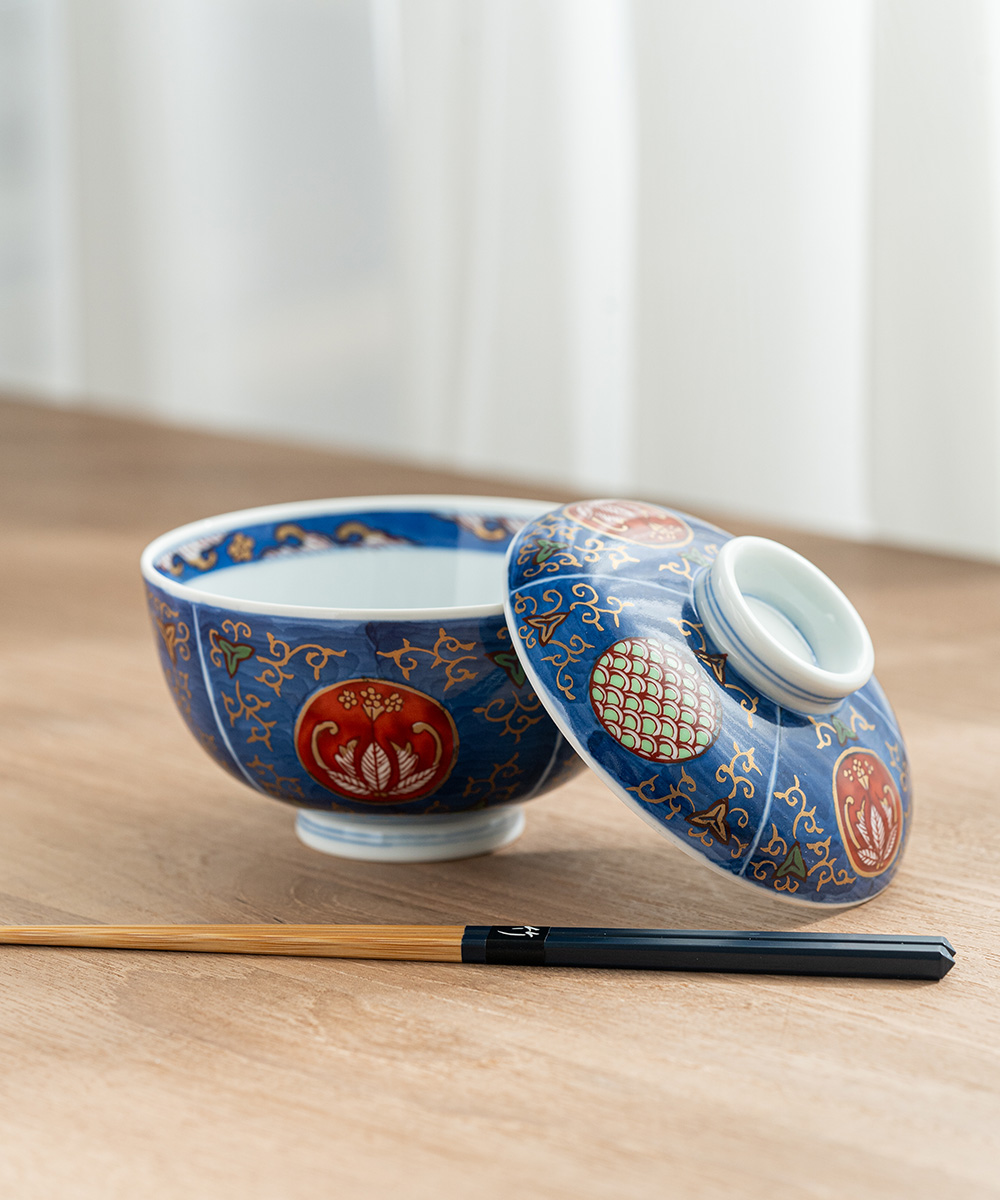 蔵c7894c1】有田 染付 丸紋 蓋茶碗 六客 伊万里、有田